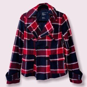 American Eagle Plaid Jacket Red Blue White Button Front Wool Coat Womens Size XS